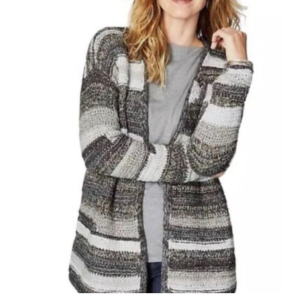 J. Jill Womens Grey‎ Striped Open Front Cardigan Sweater Medium Cotton Blend